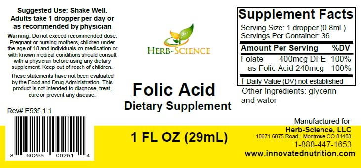 Flacon d'acide folique Herb-Science sur un fond blanc