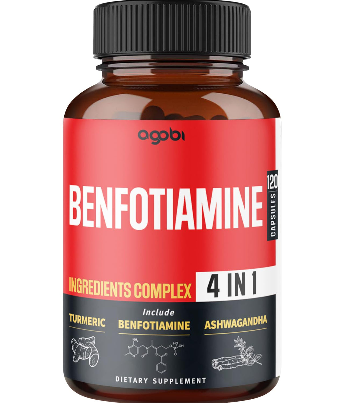 Flacon d'agobi Benfotiamine 120 capsules vue de face