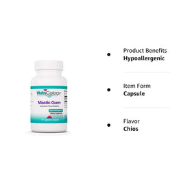 Flacon d'Allergy Research Group Mastic Gum ouvert avec capsules