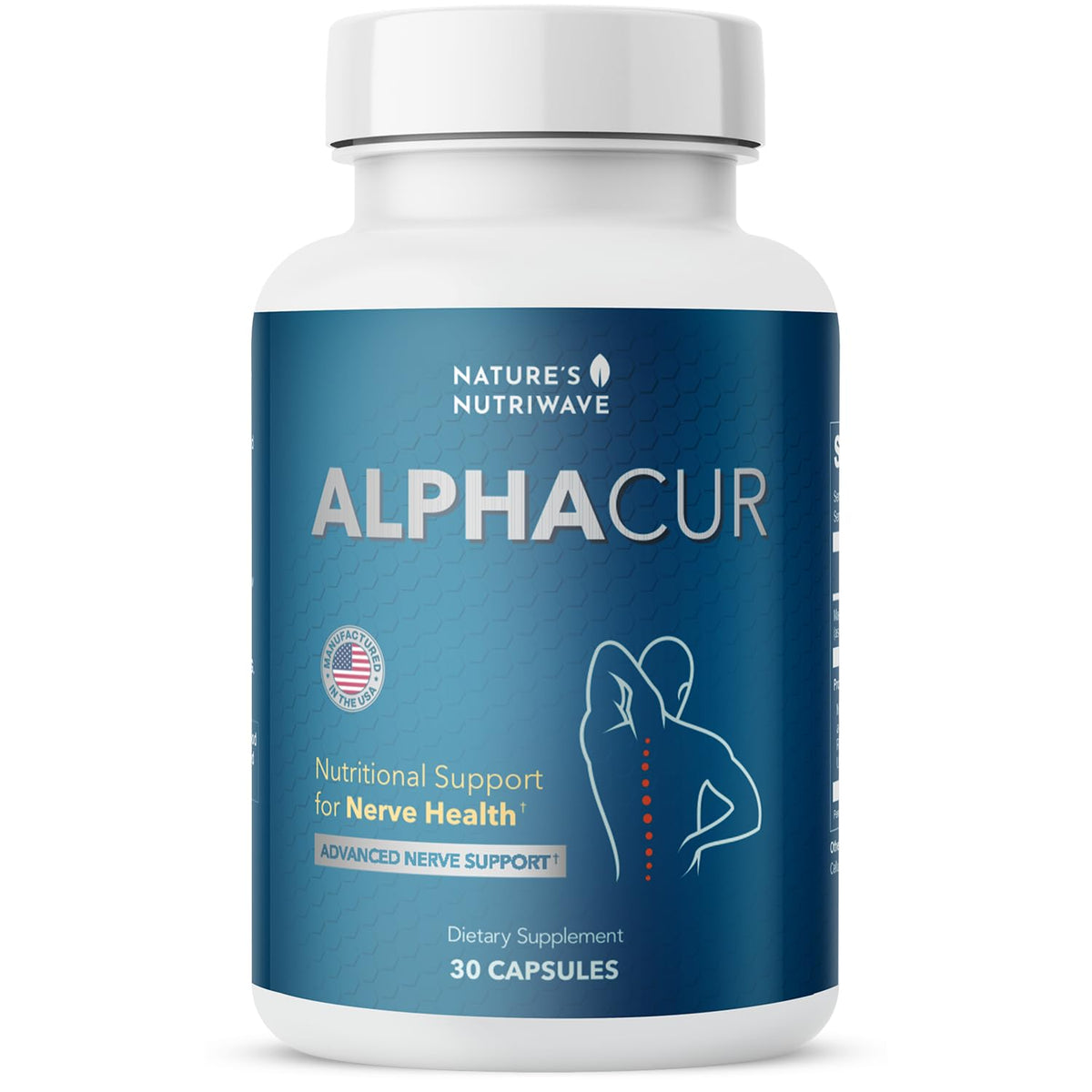Flacon d'Alphacur contenant 30 capsules avec étiquette visible