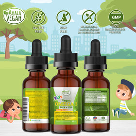 Flacon d'Amala Vegan Omega 3 pour enfants avec des fruits frais à côté