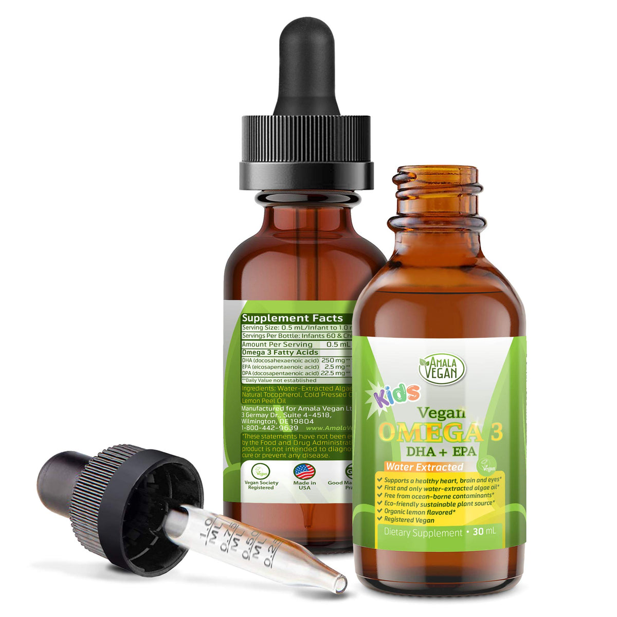 Flacon d'Amala Vegan Omega 3 pour enfants, supplément liquide bio au citron