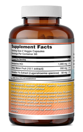Flacon d'Amazing Nutrition Berbérine avec melon amer en arrière-plan