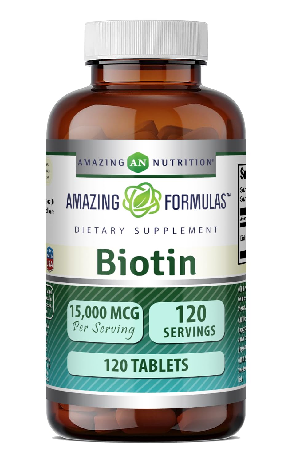 Flacon d'Amazing Nutrition Biotine 15000 Mcg 120 Tablettes vue avant