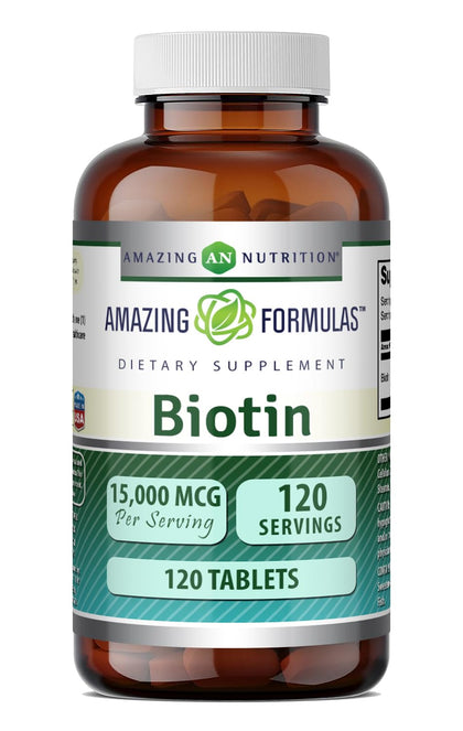 Flacon d'Amazing Nutrition Biotine 15000 Mcg 120 Tablettes vue avant