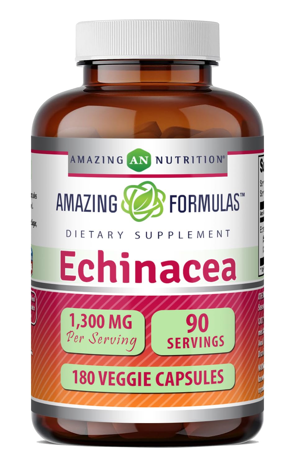 Flacon d'Amazing Nutrition Echinacea 1300 Mg 180 gélules végétariennes vue de face