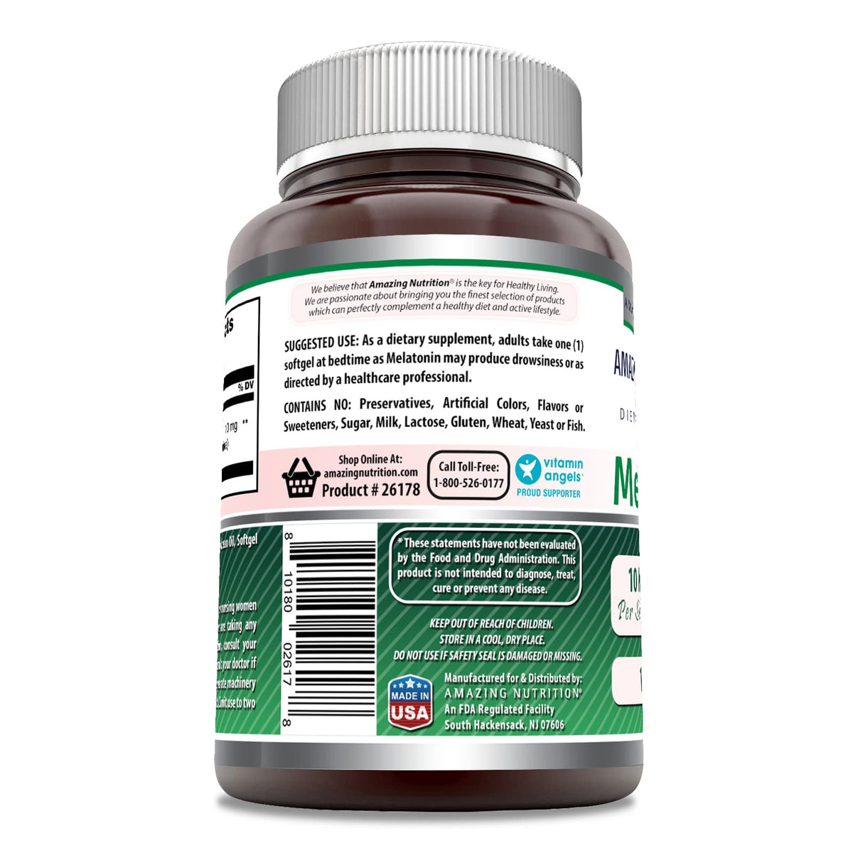 Flacon d'Amazing Nutrition Mélatonine 10 mg avec étiquette