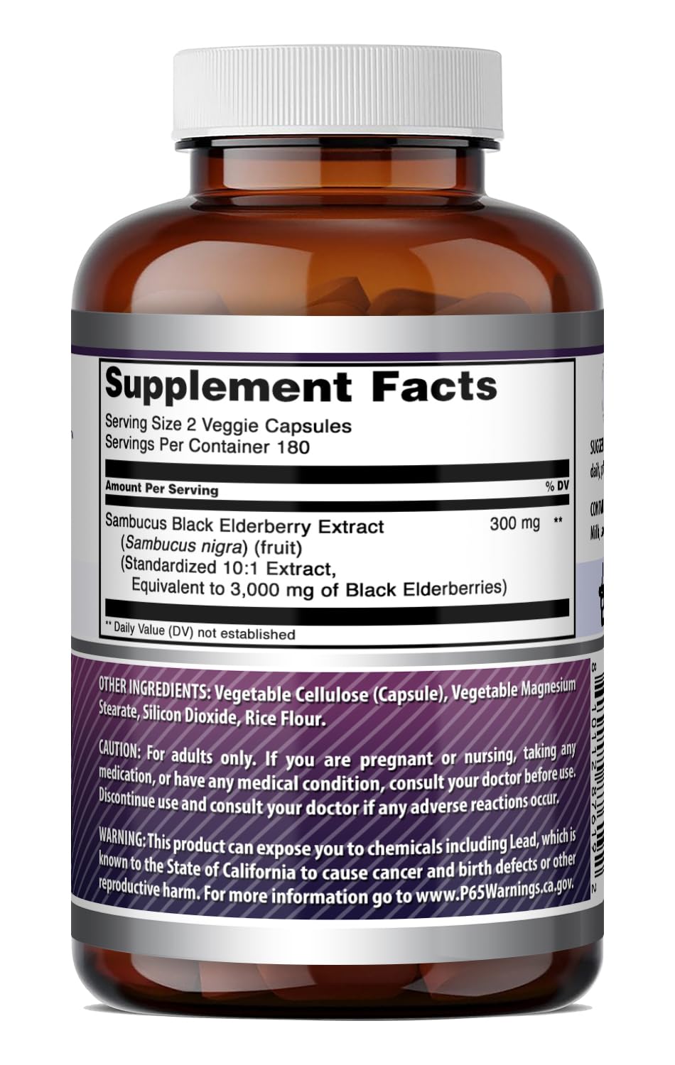 Flacon d'Amazing Nutrition Sambucus Baies Noires sur une table en bois