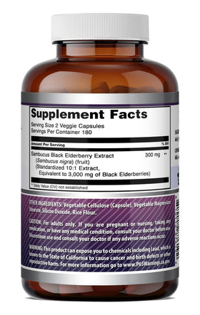 Flacon d'Amazing Nutrition Sambucus Baies Noires sur une table en bois