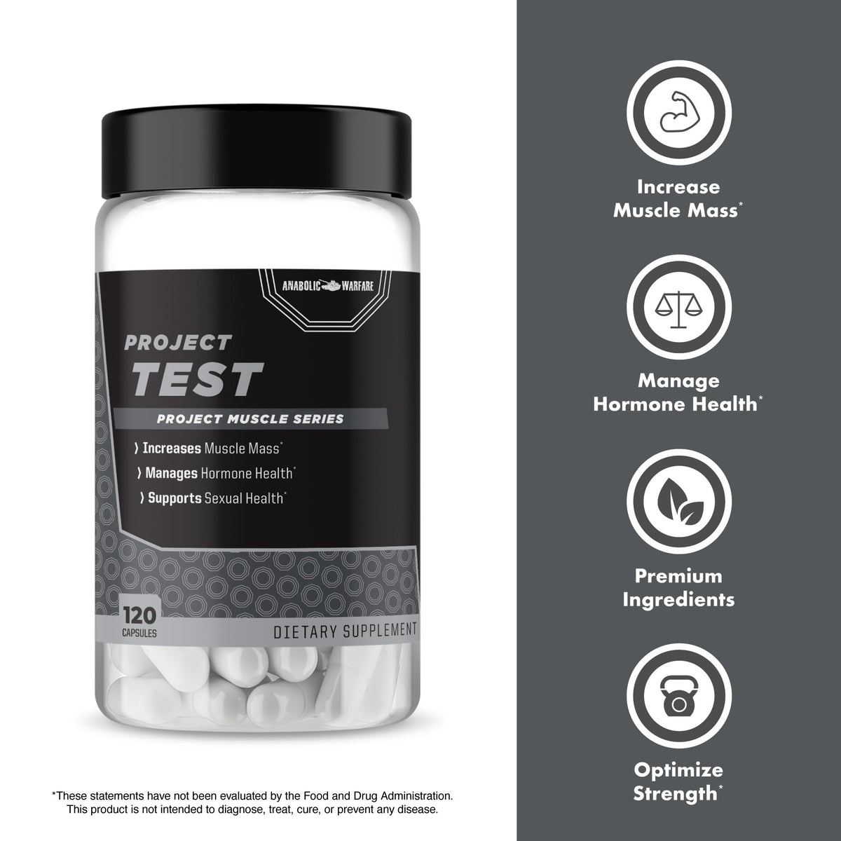Flacon d'Anabolic Warfare Project Test ouvert avec capsules visibles