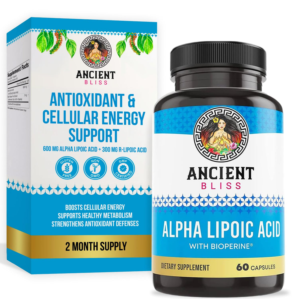 Flacon d'Ancient Bliss Acide Alpha-Lipoïque 600mg avec 60 capsules végétales