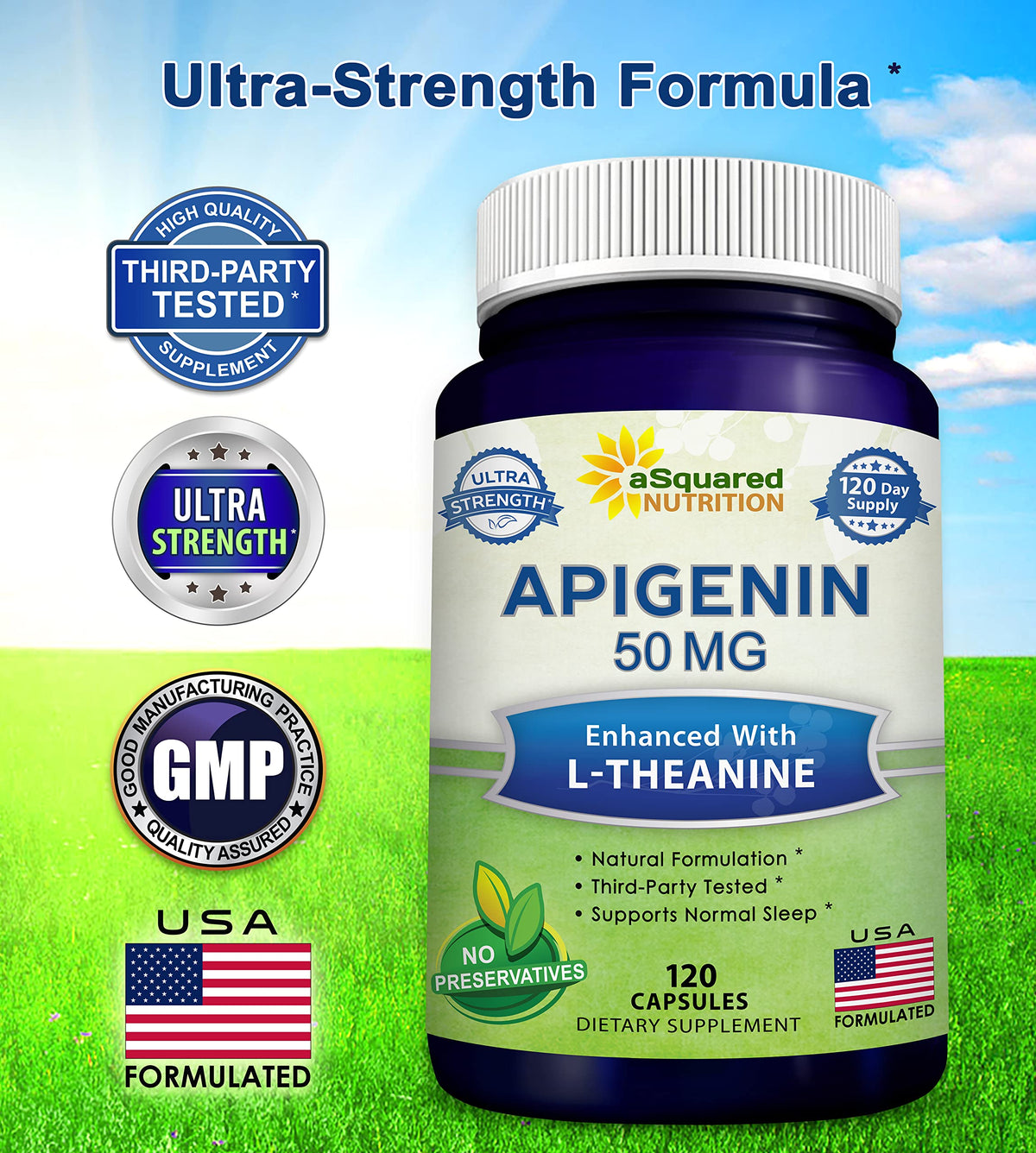 Flacon d'Apigenin 50mg et L-Theanine 200mg avec une prise de capsules