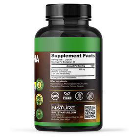 Flacon d'ashwagandha Built by Nature ouvert avec capsules visibles