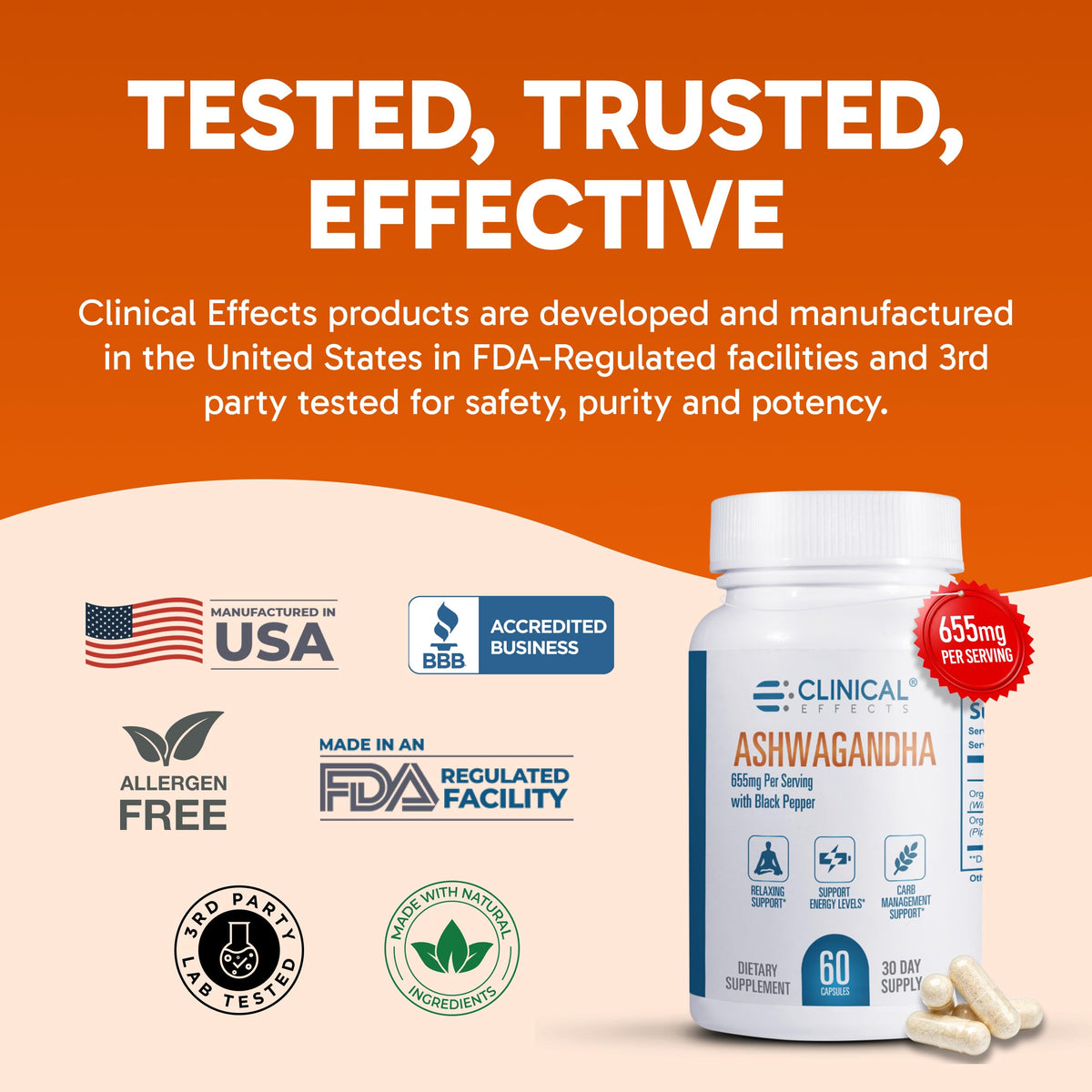 Flacon d'Ashwagandha Clinical Effects avec arrière-plan naturel