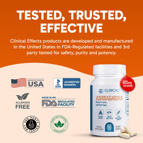 Flacon d'Ashwagandha Clinical Effects avec arrière-plan naturel