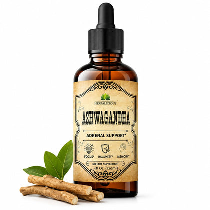 Flacon d'Ashwagandha HERBALICIOUS 120 ml avec goutte à goutte