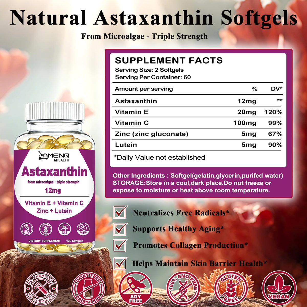 Flacon d'astaxanthine AMENQ hHEALTH avec bouchon ouvert
