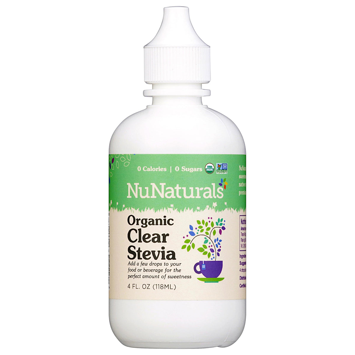 Flacon d'édulcorant liquide stevia bio Nunaturals 4oz, vue de face