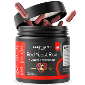 Flacon d'Elephant dad contenant 120 capsules de riz de levure rouge 1200mg avec CoQ10 et Nattokinase