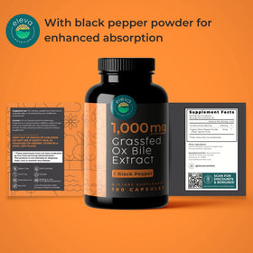 Flacon d'Eleva Nutrition Ox Bile 1000mg ouvert avec capsules à l'intérieur