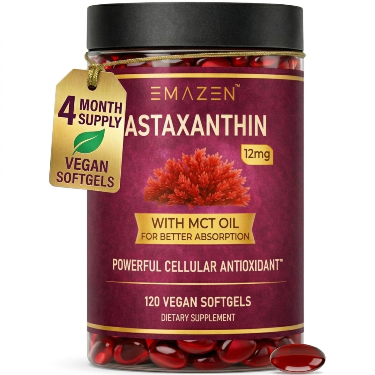 Flacon d'EMAZEN Astaxanthin 12mg avec 120 gélules végétales