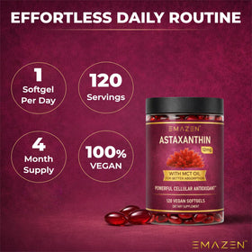 Flacon d'EMAZEN Astaxanthin ouvert avec gélules visibles