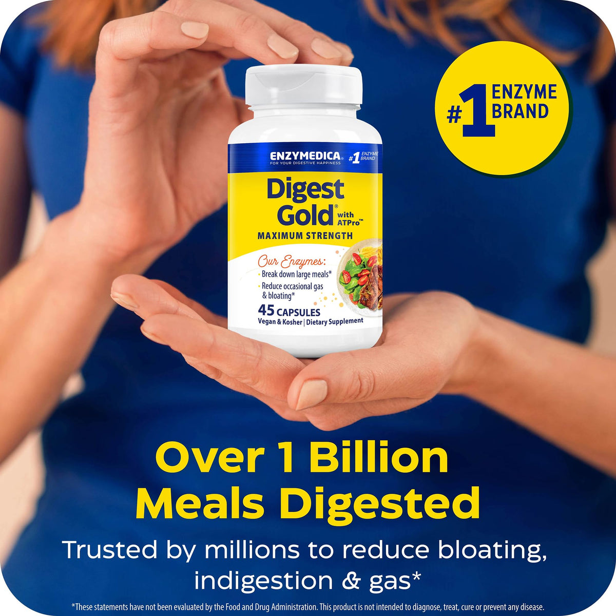 Flacon d'Enzymedica daily Gold ouvert avec capsules visibles