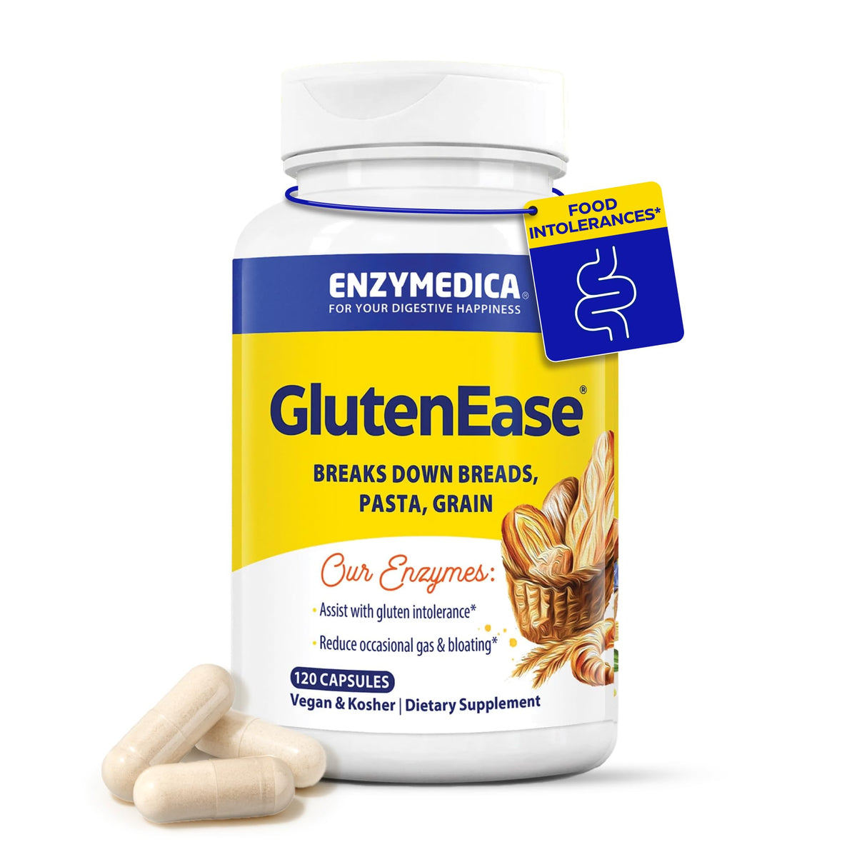 Flacon d'Enzymedica GlutenEase 120 capsules vue de face