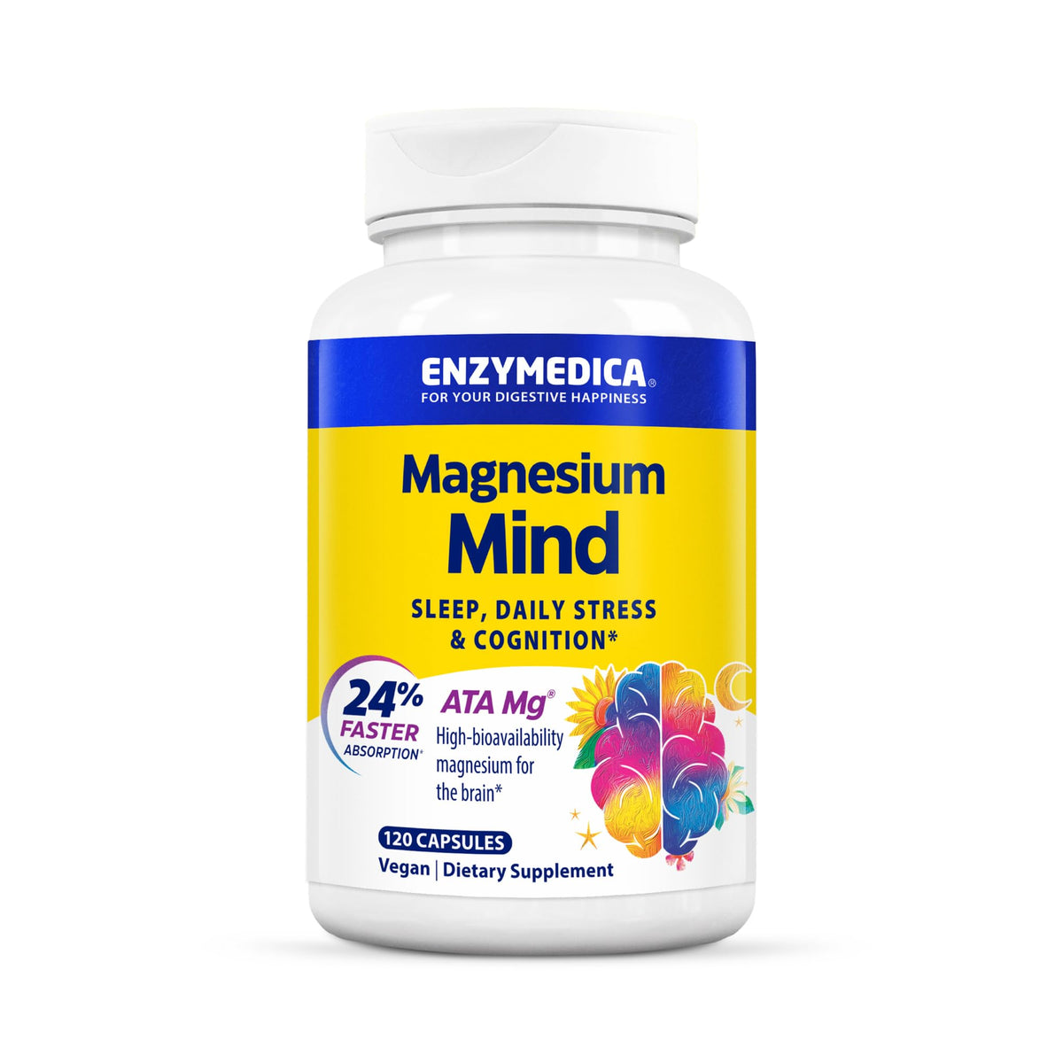 Flacon d'Enzymedica Magnesium Mind 120 capsules vue de face