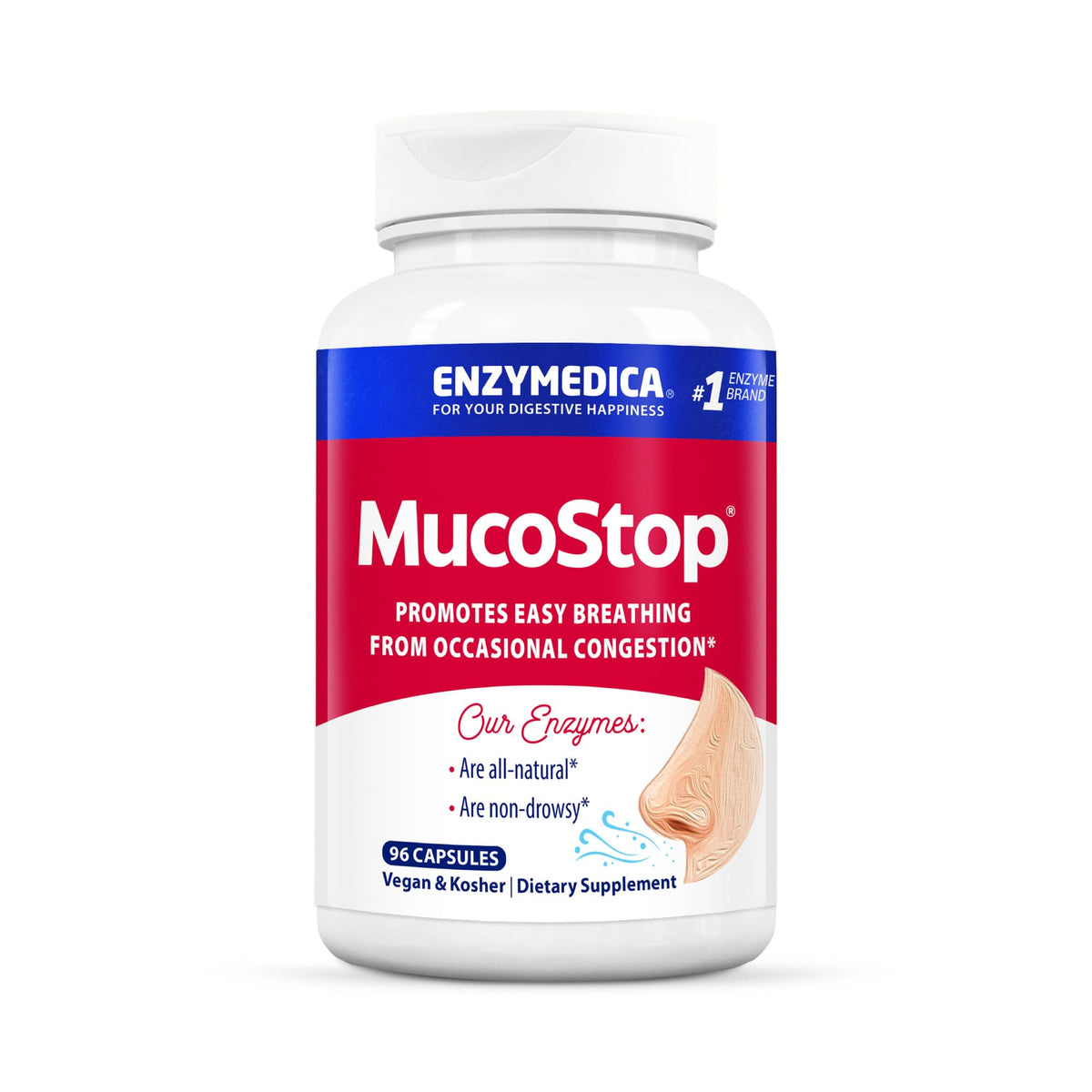 Flacon d'Enzymedica MucoStop 96 capsules vue de face