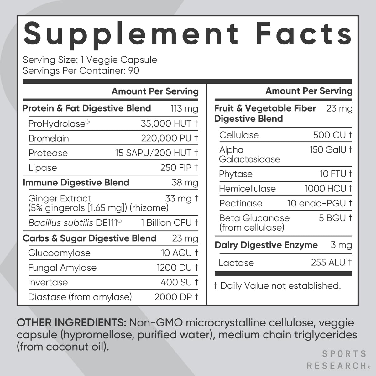 Flacon d'enzymes daily Sports Research avec étiquette visible
