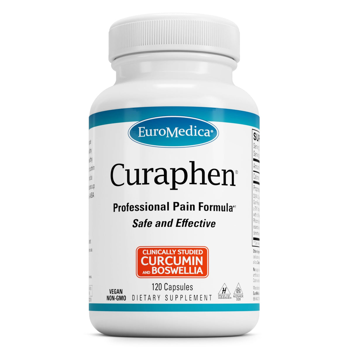 Flacon d'EuroMedica Curaphen 120 capsules vue de face