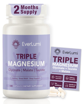 Flacon d'EverLumi complexe de magnésium triples 120 capsules vue de face