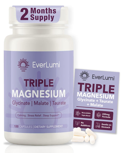 Flacon d'EverLumi complexe de magnésium triples 120 capsules vue de face