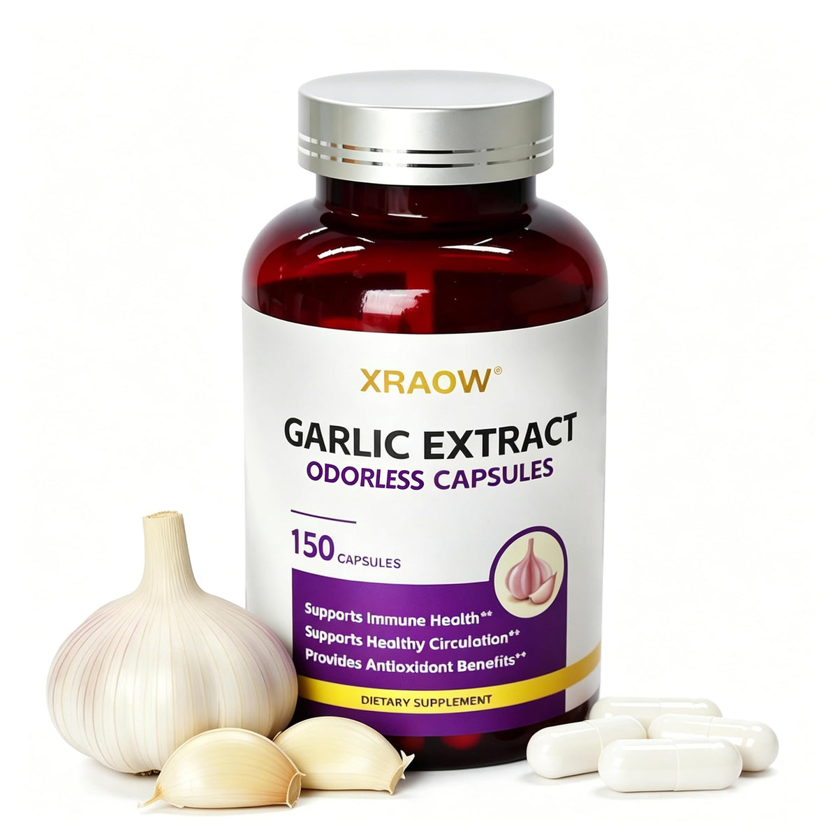 Flacon d'extrait d'ail XRAOW 500mg avec 150 capsules végétales