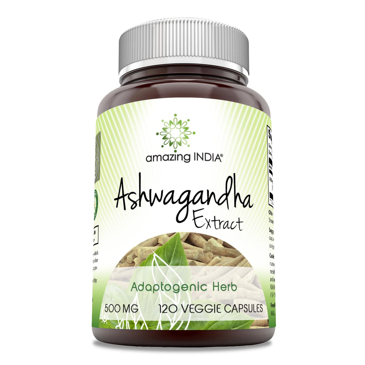 Flacon d'extrait d'Ashwagandha Amazing India 500 Mg, 120 capsules végétales