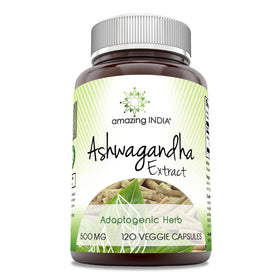 Flacon d'extrait d'Ashwagandha Amazing India 500 Mg, 120 capsules végétales