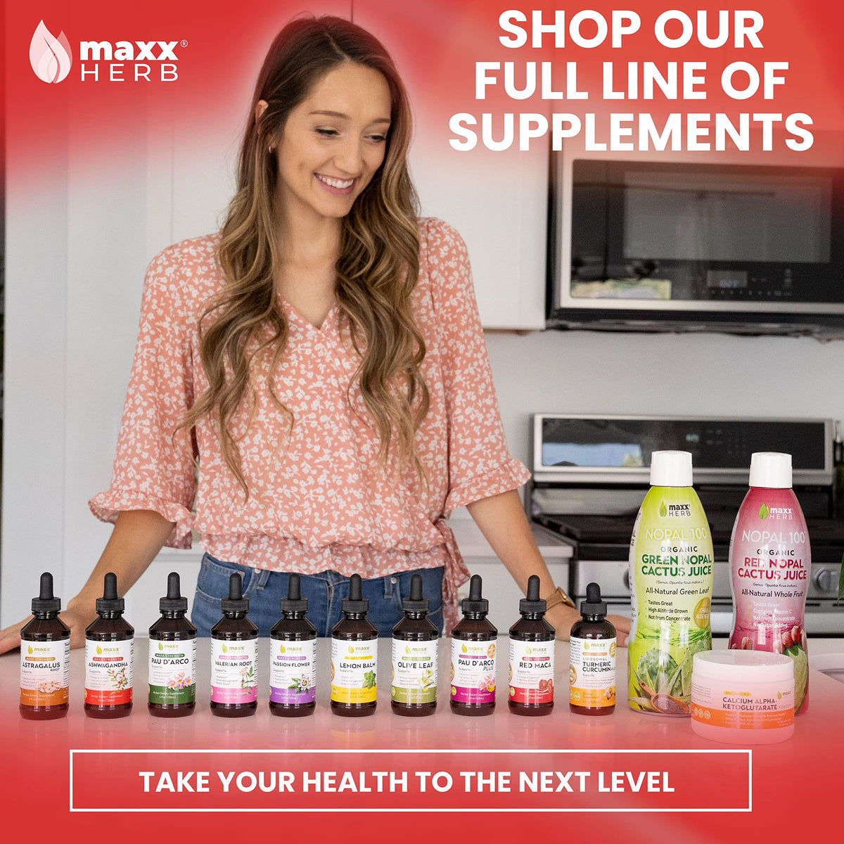 Flacon d'extrait d'Ashwagandha Maxx Herb avec ingrédients listés