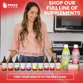 Flacon d'extrait d'Ashwagandha Maxx Herb avec ingrédients listés