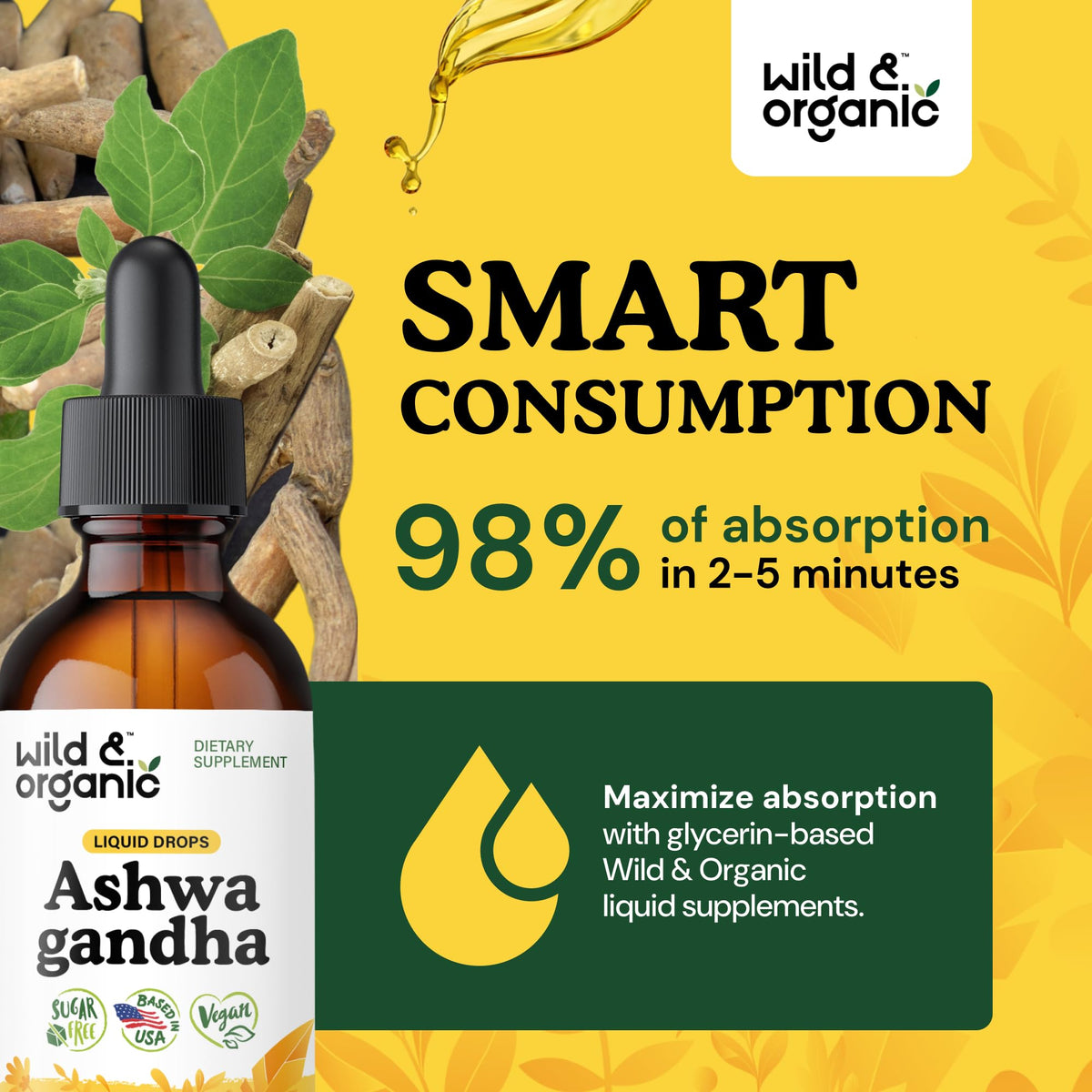 Flacon d'extrait d'ashwagandha Wild & Organic sur un fond naturel