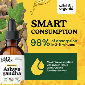 Flacon d'extrait d'ashwagandha Wild & Organic sur un fond naturel