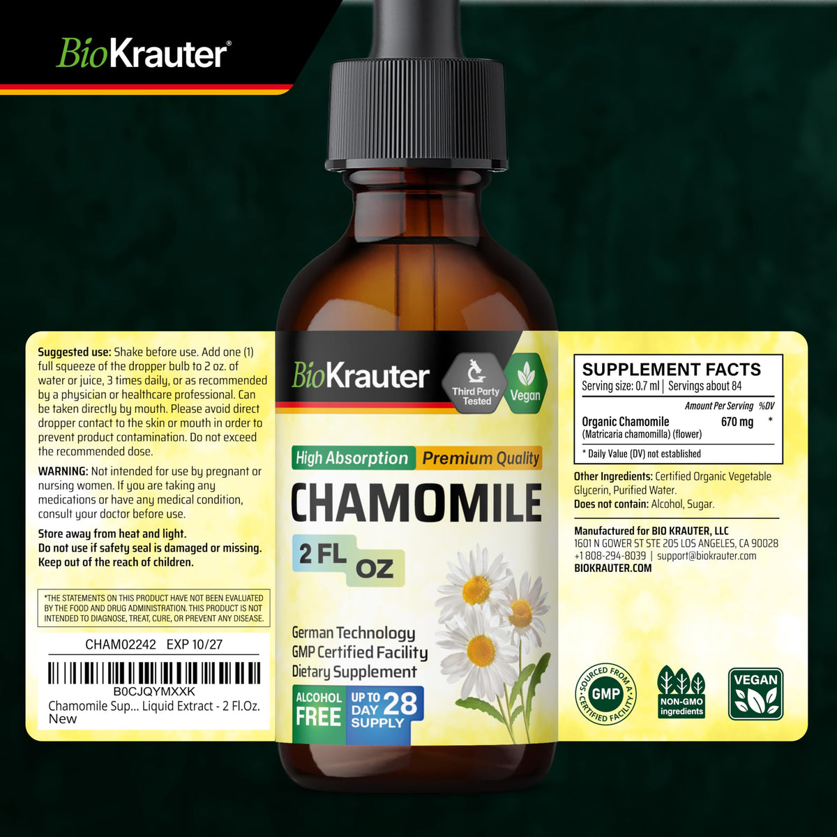 Flacon d'extrait de camomille BIO KRAUTER avec des fleurs de camomille