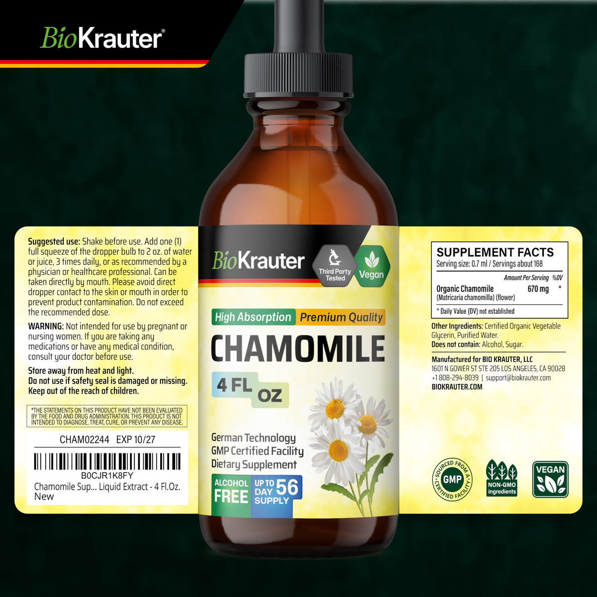 Flacon d'extrait de camomille BIO KRAUTER avec un fond de fleurs de camomille