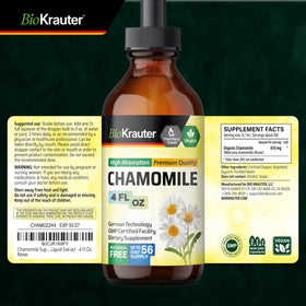 Flacon d'extrait de camomille BIO KRAUTER avec un fond de fleurs de camomille
