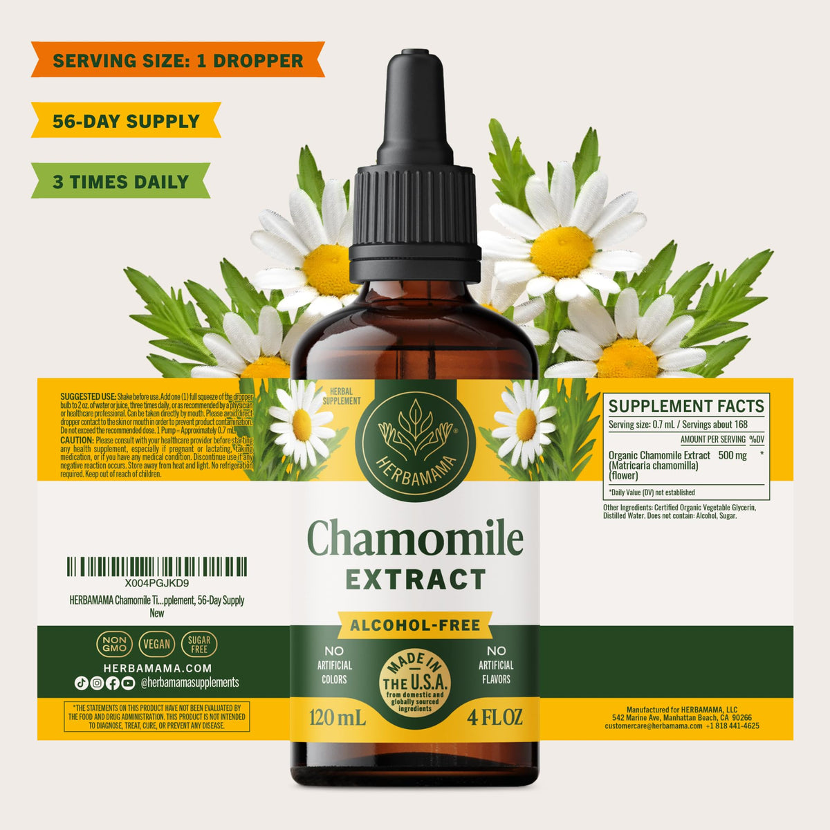 Flacon d'extrait de camomille HERBAMAMA sur un fond blanc