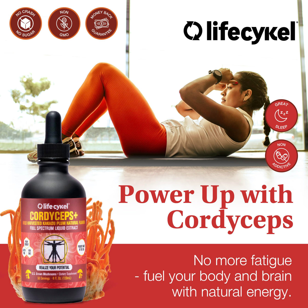 Flacon d'extrait de champignon Cordyceps avec arrière-plan naturel