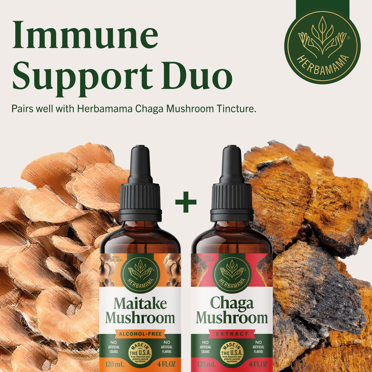 Flacon d'extrait de champignon Maitake HERBAMAMA avec étiquette claire