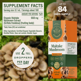 Flacon d'extrait de champignon Maitake HERBAMAMA sur fond blanc
