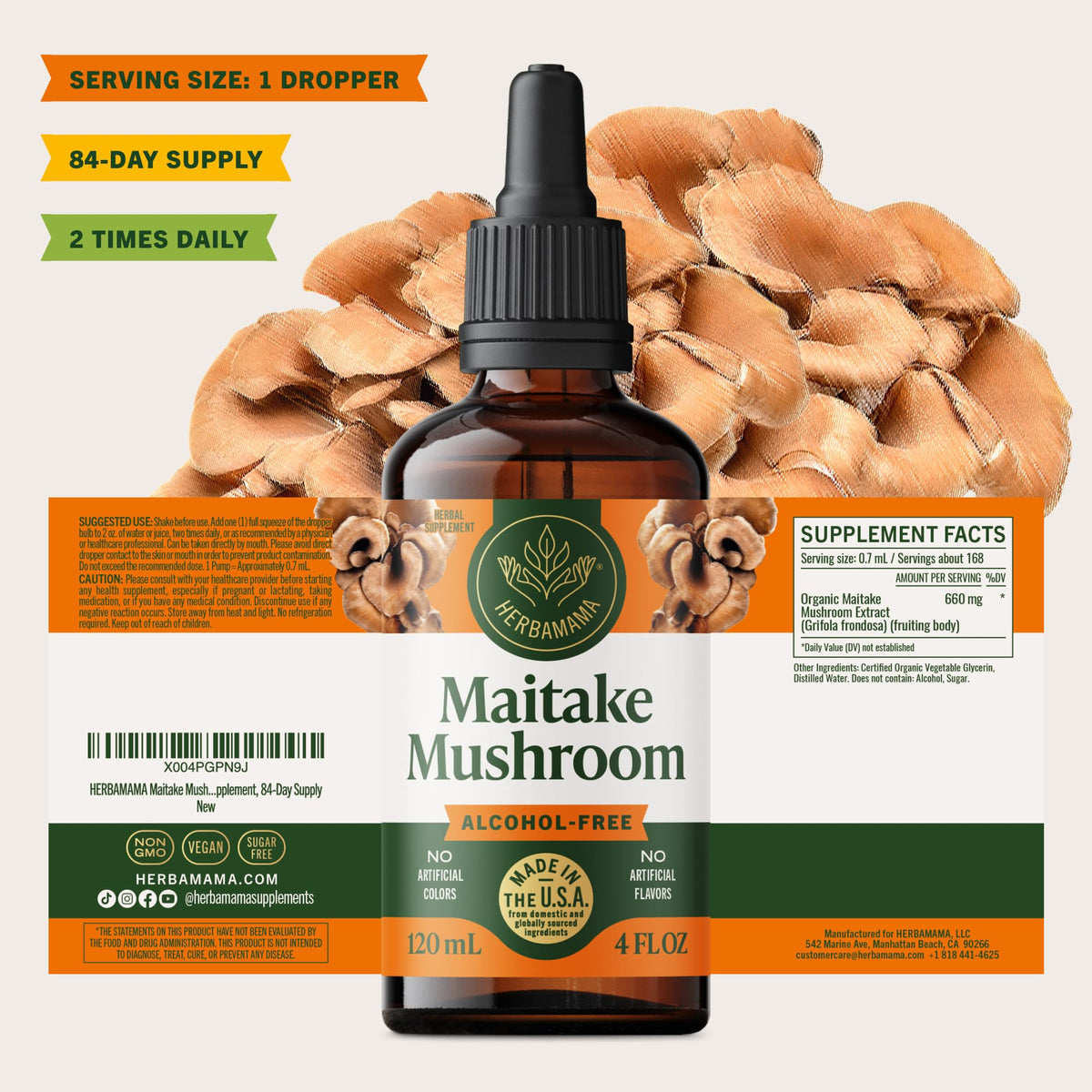 Flacon d'extrait de champignon Maitake HERBAMAMA sur une table en bois