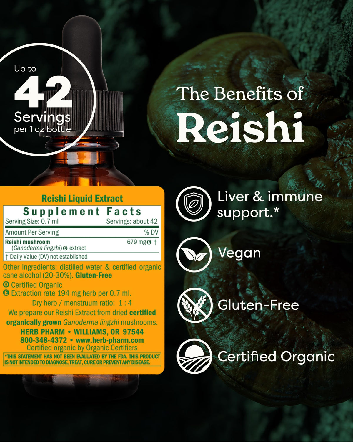 Flacon d'extrait de champignon Reishi Herb Pharm avec étiquette